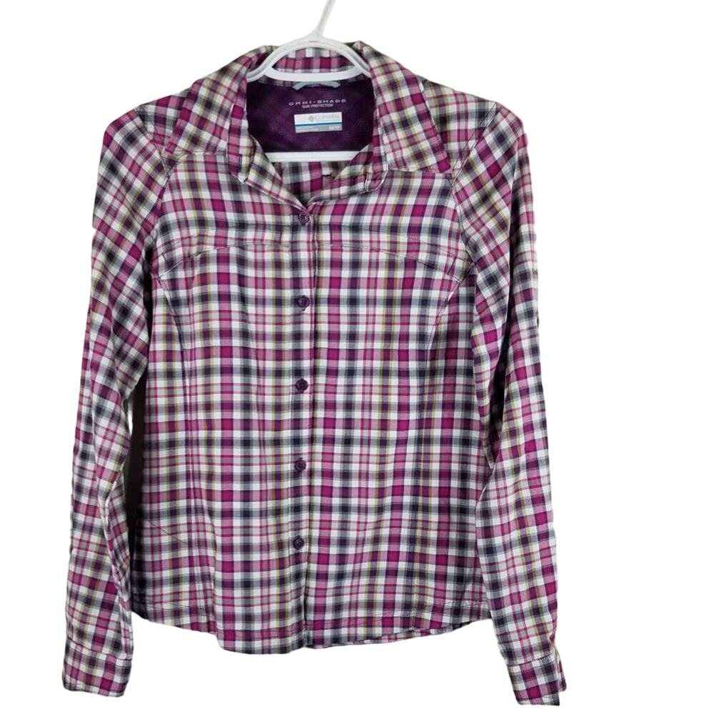 Columbia Purple Pink Plaid Button Up Women's Athletic Hiking Blouse XS